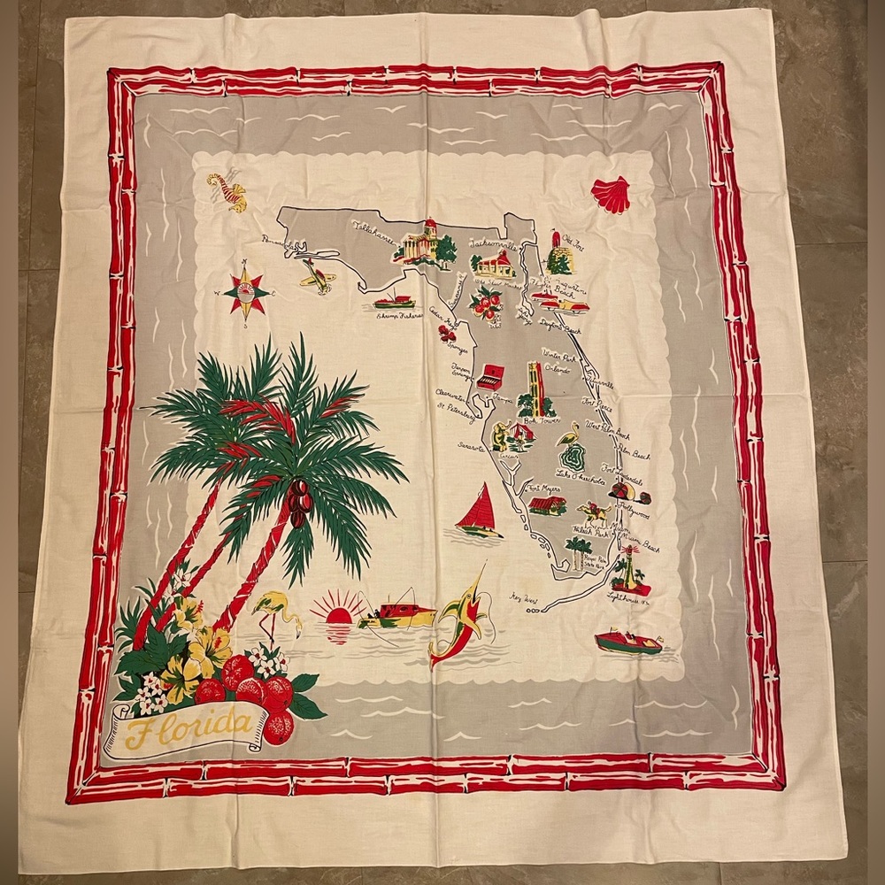 Vintage Florida Tablecloth or Wall Hanging, Map of Florida